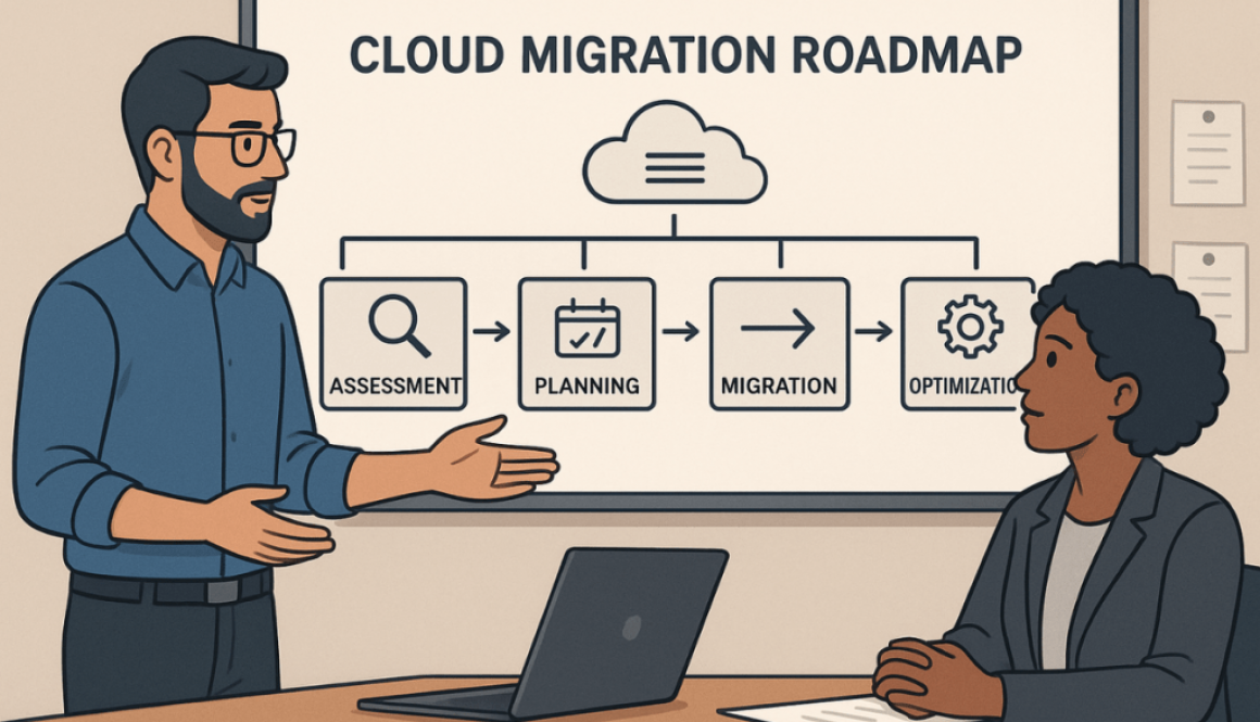 Cloud migration roadmap A cloud engineer guiding an SME through a structured cloud migration roadmap.