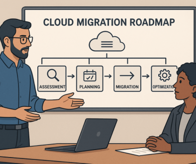 Cloud migration roadmap A cloud engineer guiding an SME through a structured cloud migration roadmap.