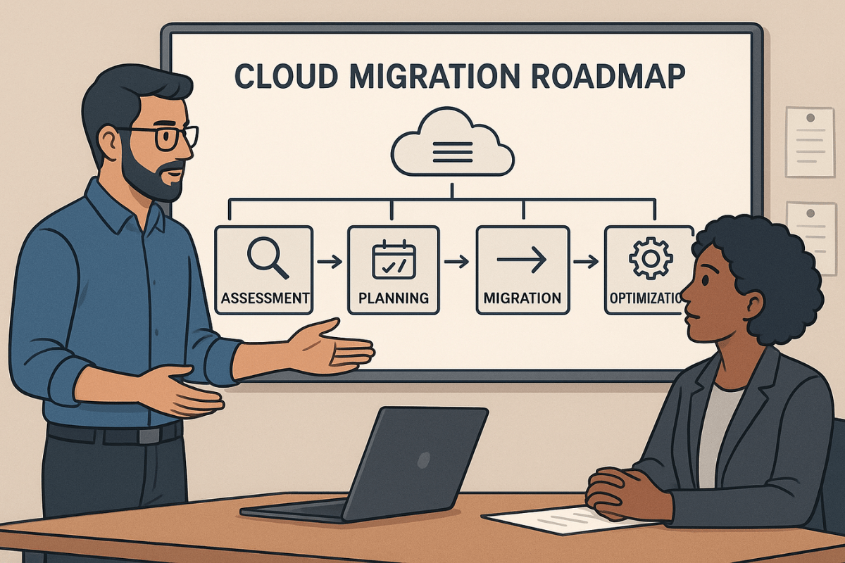 A cloud engineer guiding an SME through a structured cloud migration roadmap.