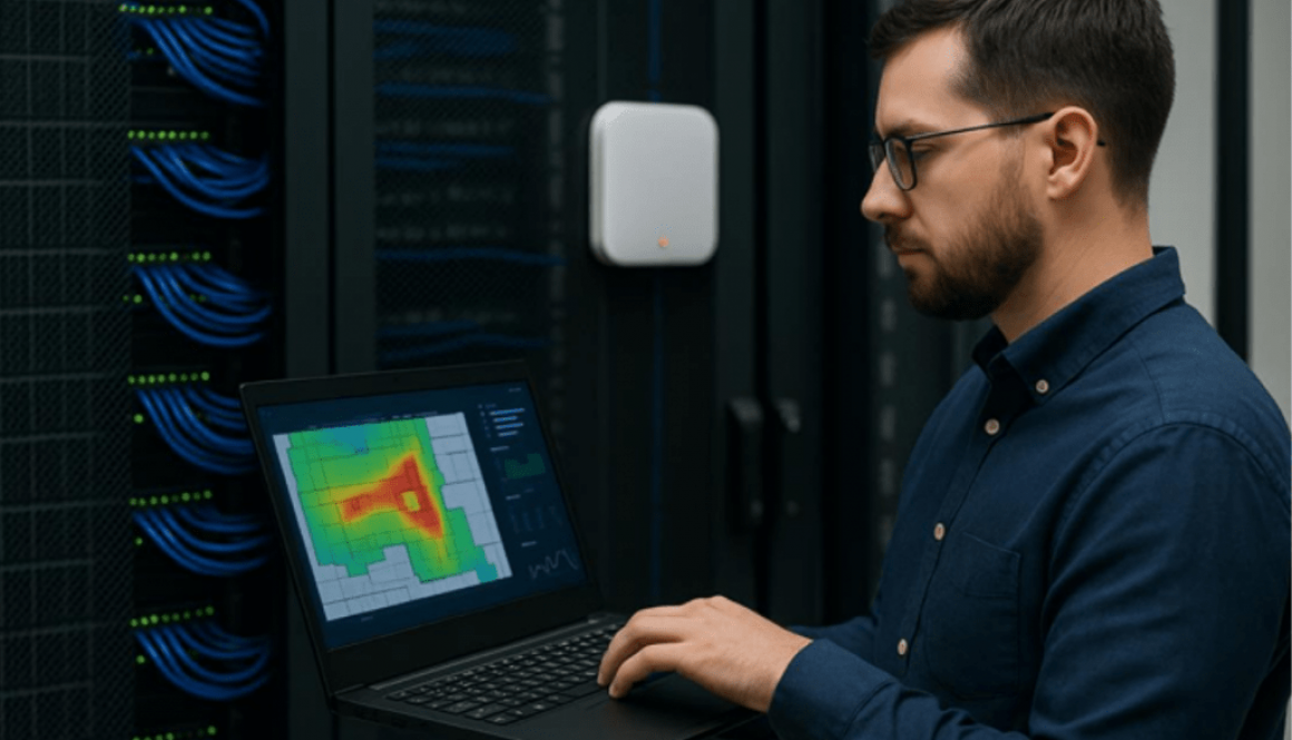Professional Wi-Fi Site Surveys A network engineer performing an Ekahau Wi-Fi site survey.