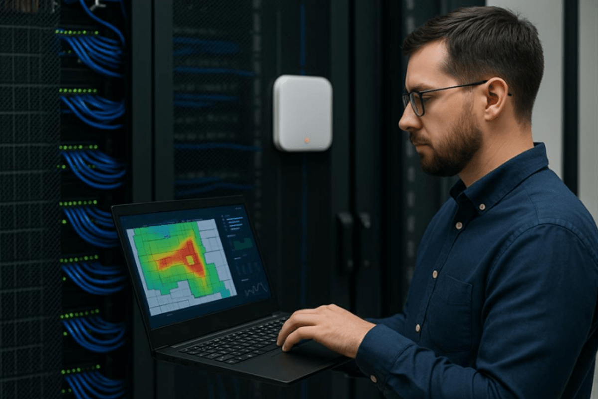 A network engineer performing an Ekahau Wi-Fi site survey.