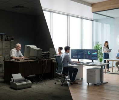 A conceptual illustration showing the transition from an outdated, fragmented legacy IT system to a fast, secure, cloud-based modern business platform.